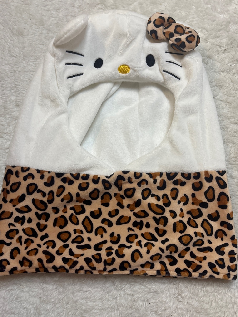 Sanrio White Plush Hello Kitty Hooded Scarf with Leopard Bow & Trim